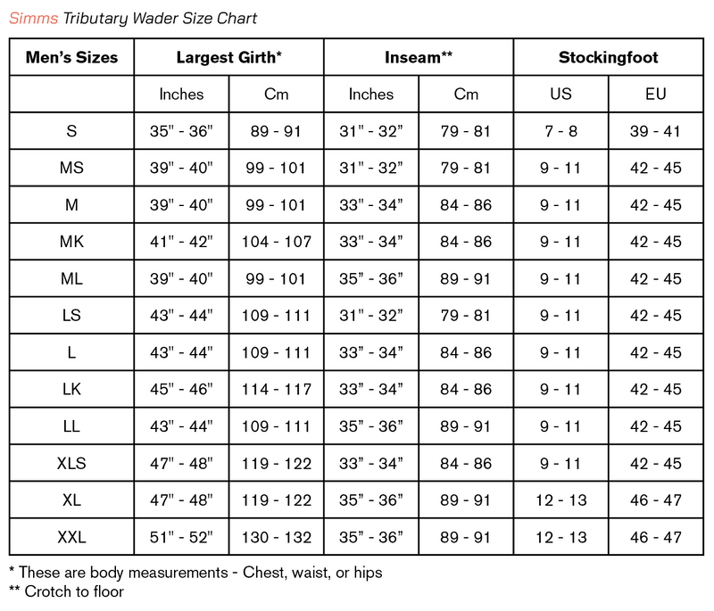 Simms Tributary Wader Size Chart